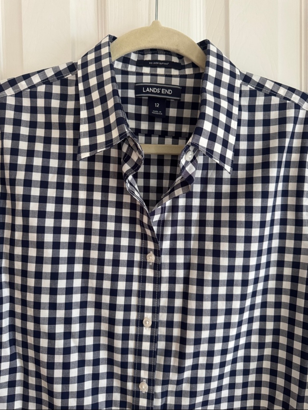Lands End No Iron Supima Shirt, blue gingham, size 12